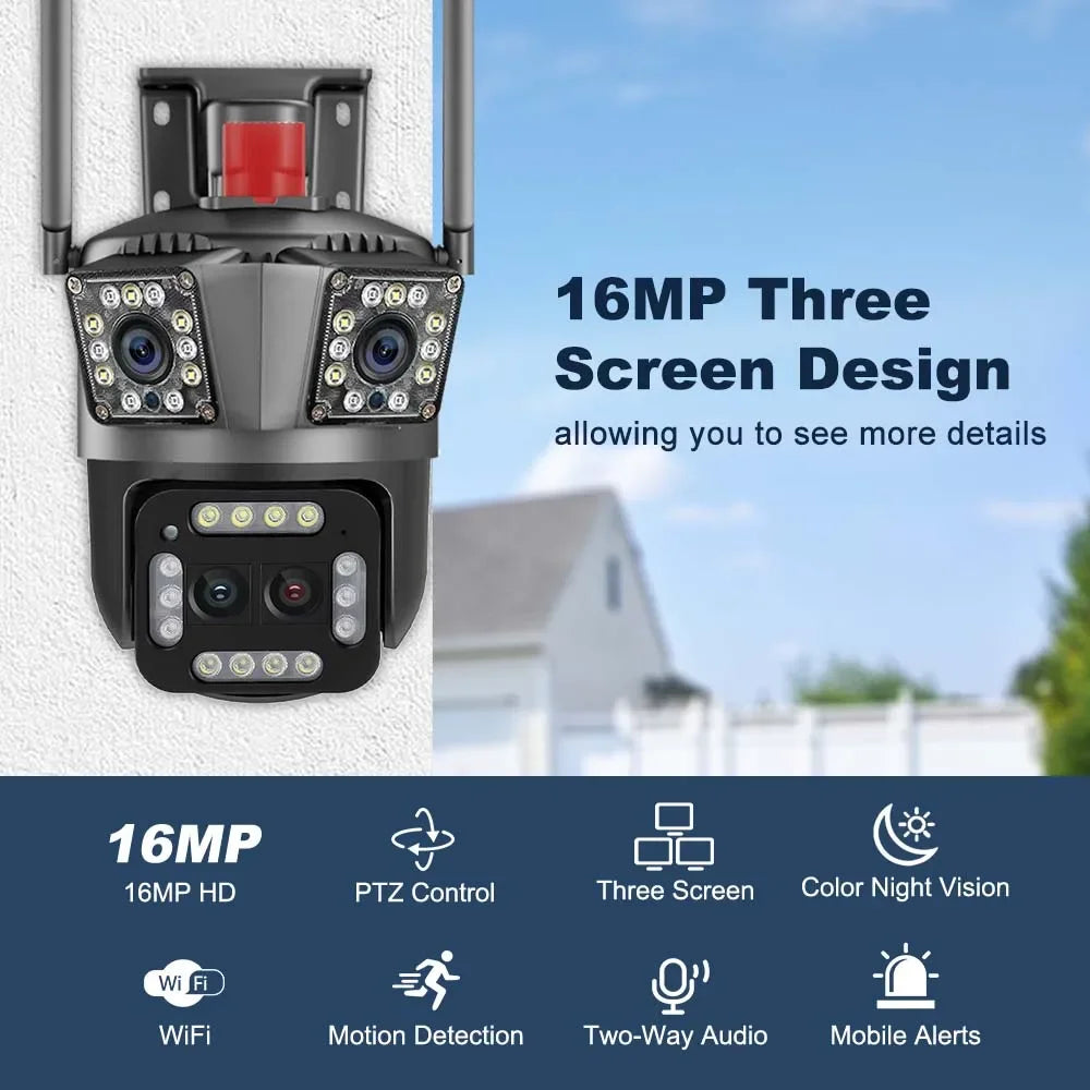 16MP 8K HD WiFi Camera Outdoor 12X Zoom Four Lens Three Screen Auto Tracking Security Protection 4K PTZ Video Surveillance CCTV